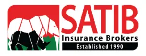 Logo SATIB Insurance Brokers avec éléphant et rhinocéros, soutenant l'industrie du safari depuis 1990. Partenaire de Kurt Safari.